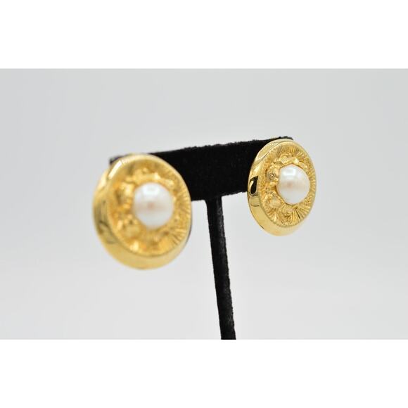 Vintage Pierced Earrings Dangle Brushed Gold Chunky Round Pearl NOS 1980s 9E - Picture 5 of 7